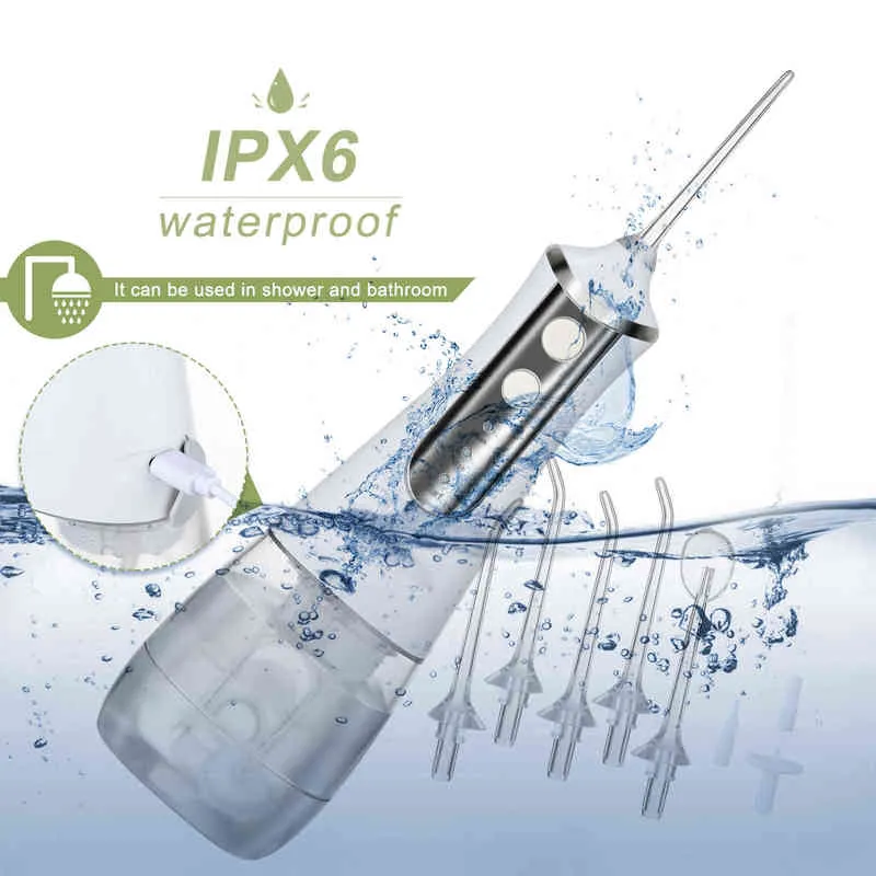 Irrigador oral de 350 ml USB Recargable Dental Flosser de agua 5 boquillas Jet IPX6 A prueba de limpiador de dientes portátil 220510
