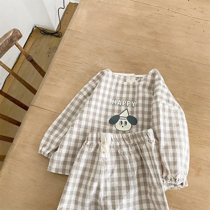 Conjunto de ropa de lino de algodón para bebé, tops casuales de dibujos animados a cuadros + pantalones, 2 uds., conjunto de bebé, lindo niño, niñas, cómodos trajes infantiles 220509