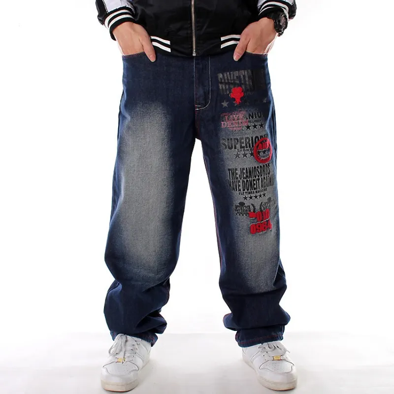 Ebaihui män jeans street dans broderi löst bräde denim långa byxor övergripande manlig rap hiphop byxor plus storlek