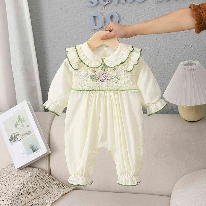 Spring Family Dopasowanie siostrzane ubrania długie rękawy Beżowy lotos Romper+Princess Baby Dress Twins Słodkie ubrania E9189