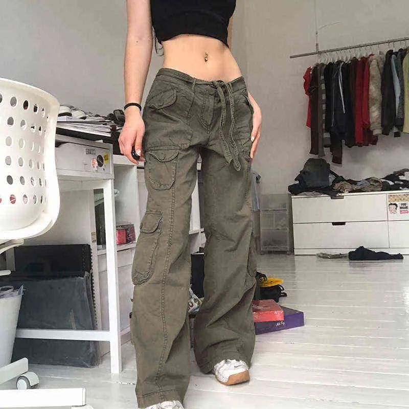 Pantaloni cargo con tasche Y2K le donne Pantaloni oversize dritti Harajuku Vintage anni '90 Pantaloni a vita bassa estetici Pantaloni larghi Jeans larghi L220725