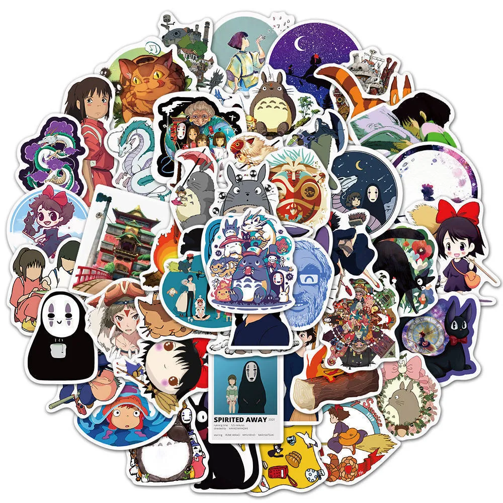 Su geçirmez etiket 50/100 Adet Totoro Ruhların Kaçışı Prenses Mononoke KiKi Çıkartmalar Anime Ghibli'nin Hayao Miyazaki Serisi Sticker Çıkartmaları Çocuklar Hediye Araba çıkartmaları