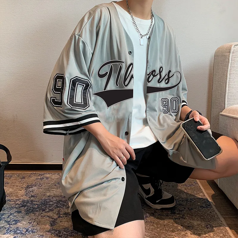 Men Short Sleeve Shirts Vintage Fashion Streetwear Hiphop Vneck Summer Ins Baseball Outwear Chic Korean Style Harajuku Leisure 220527