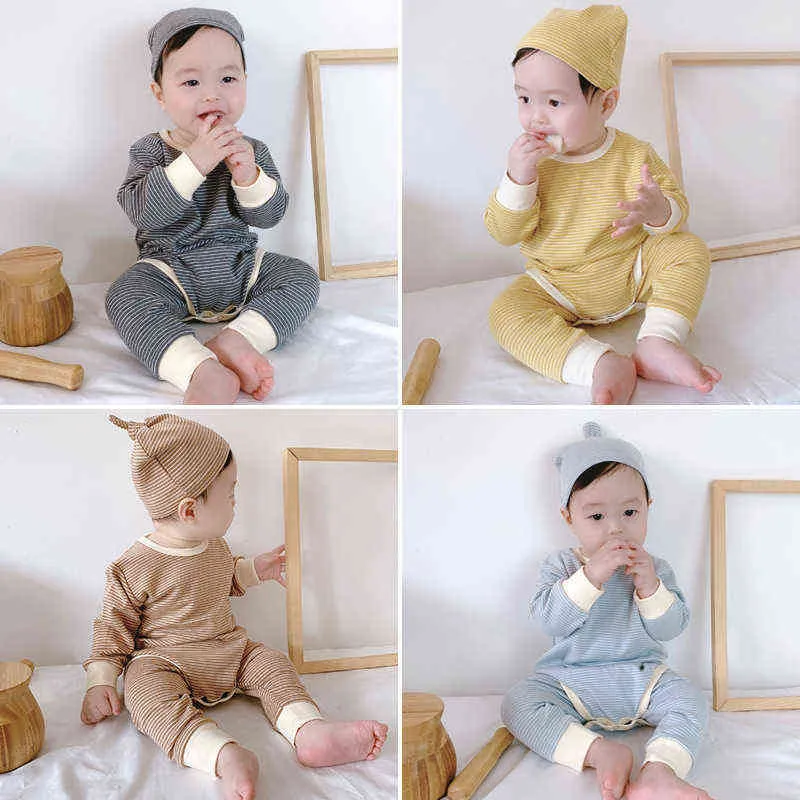 Newborn Baby Boy Girl Clothes Set Long Sleeve Baby Bodysuit+Pant +hat Infant baby clothes cotton thermal underwear Bodysuit G220510