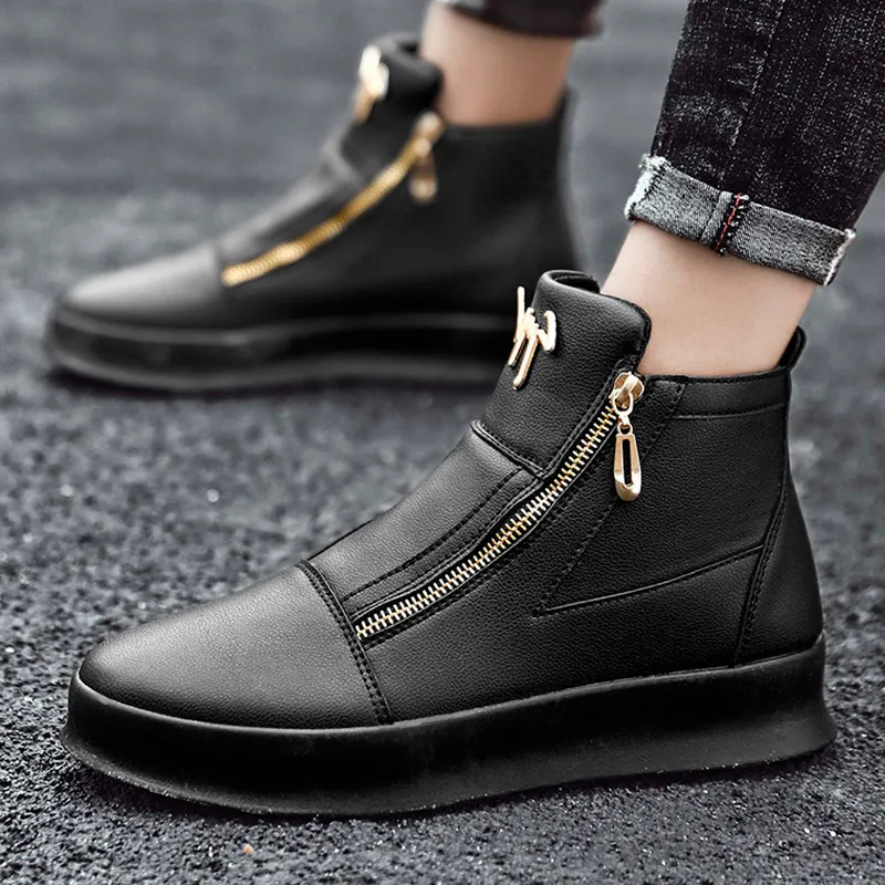 Autumn Men Ankle Highcut Solid Sneakers Zipper Motorcycle Boots Platform Skateboard Sport Trainers Niglub Shoes 220804