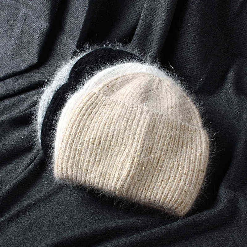 Fish Rover ing Rabbit Fur Sequins Woman Winter Hat Solid Color Autumn Hats Best Matched Warm Soft Bonnet Skullies Gift J220722