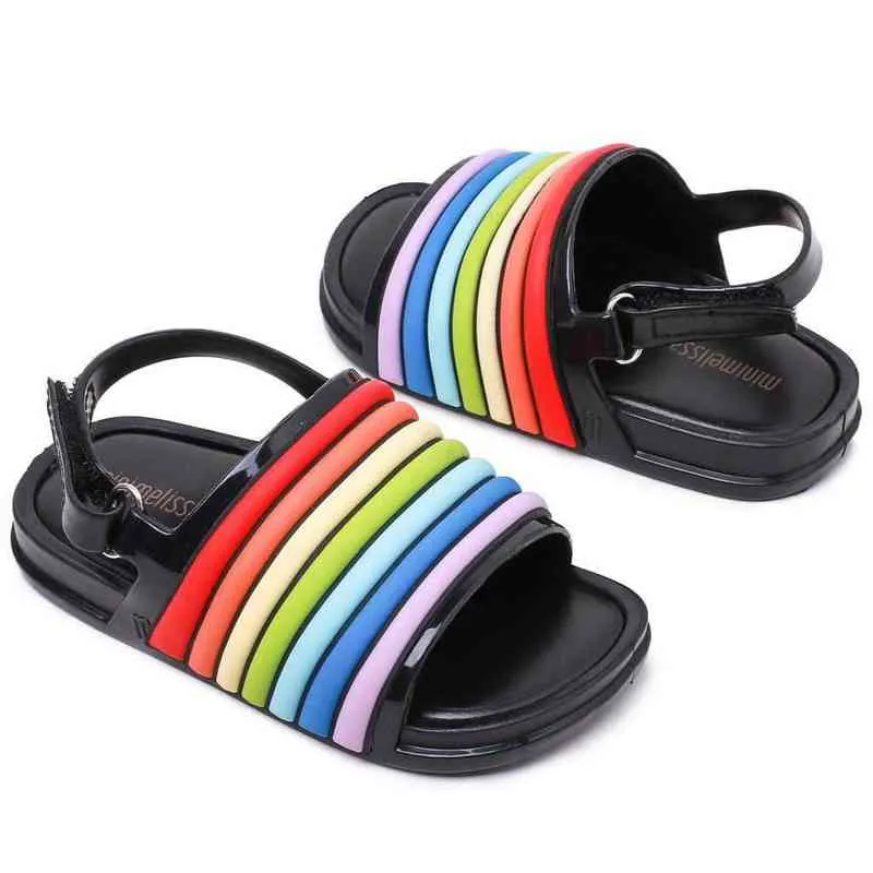 2022 Summer Mini Melissa Children's Rainbow Striped Sandals Classic Kids Princess Beach Shoes Boys Girls Non-Slip Jelly Sandals G220523