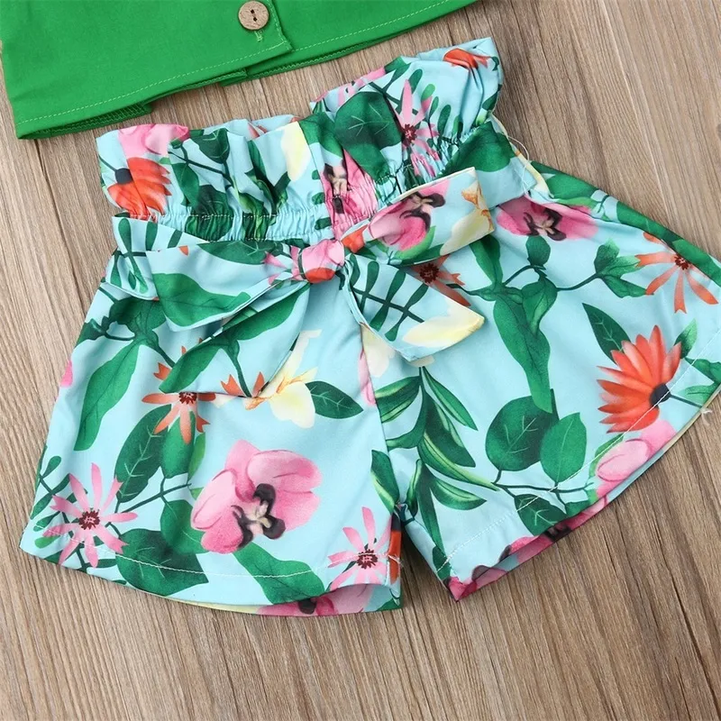 Summer Toddler Baby Girl Ruffle Vest Crop Tops Floral Print Bandage Shorts 2st.
