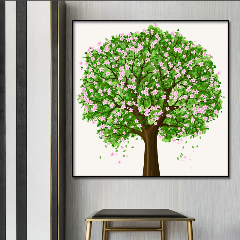 Abstract Big Green Tree and Pink Flowers Canvas Posters Wall Art Print Modern Painting Bedroom Living Room Decoration Picture (2)