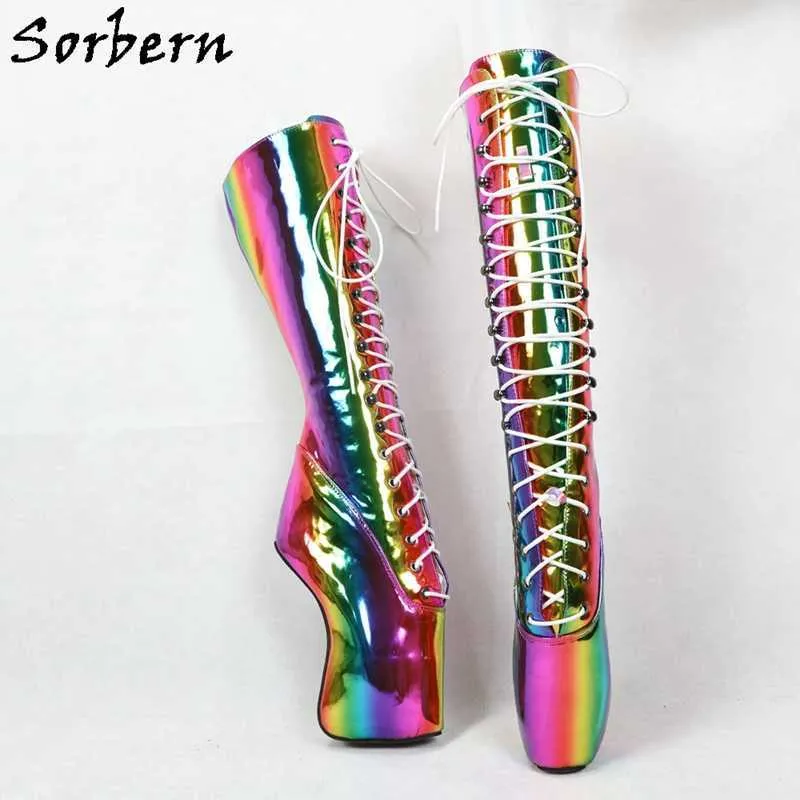 Sorbern Rainbow Holographic Ballett Stövlar Knä High Lace Up BDSM Ladies Boots Heelless Custom Designer Boots Plus Storlek 15