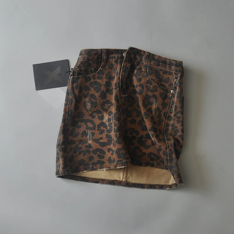 Sexy ripped leopard print skirts mini denim Streetwear pencil high waist faldas mujer moda 220322