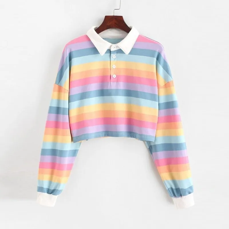 Fashion Winter Women Rainbow Striped Hoodies Pullover Sweatshirts Harajuku Long Sleeve Hoody Female Autumn Crop Tops Basic Tops 220801