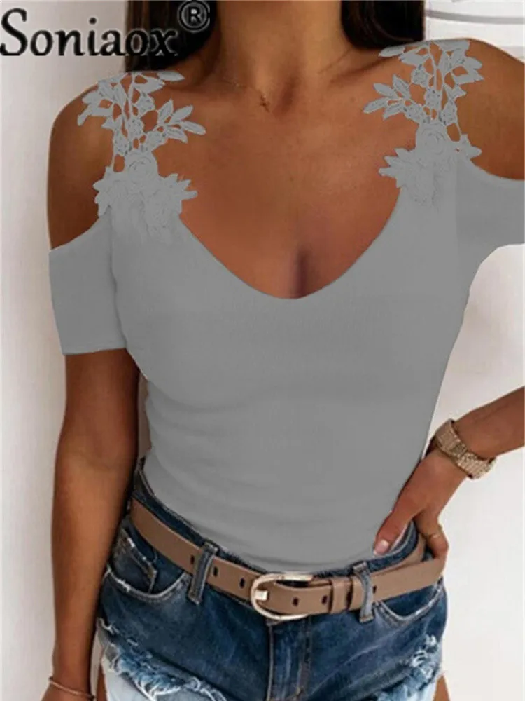 Summer Lace Petal Short Sleeve Solid Color Ladies T Shirt Women Overize Off Shoulder V Neck Slim Casual Tops Tee Tunic 220728