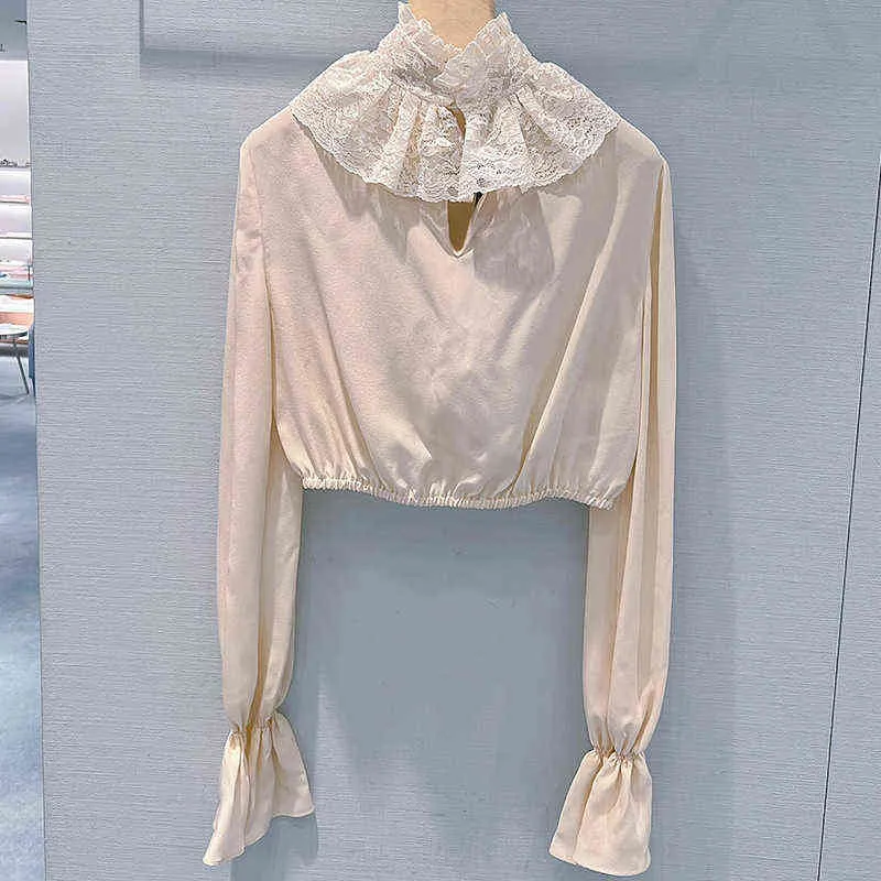 apricot short shirt embroidered lotus collar long sleeve trumpet celebrity versatile top autumn new style