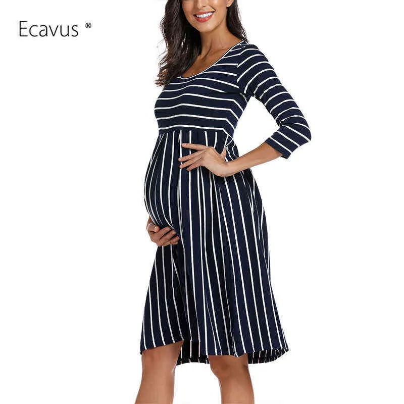 Vestido de maternidade feminina casual listrado 3/4 manga até vestidos de gravidez na altura da joelho lisonjear vestidos de maternidade