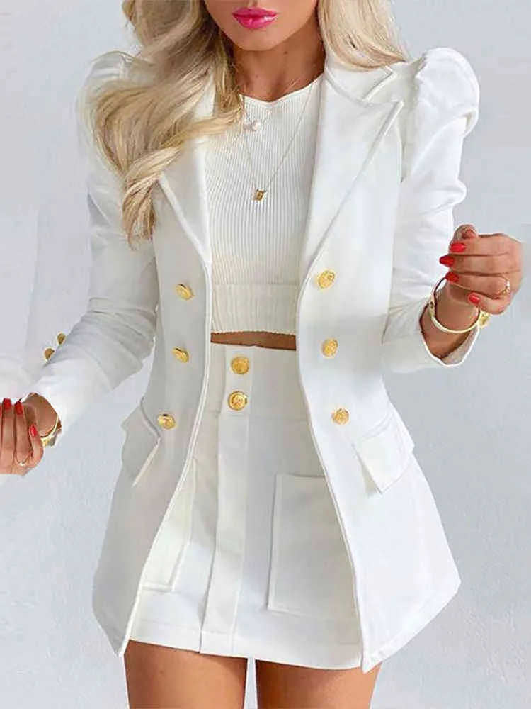 Spring Autumn Elegant Solid Puff Long Sleeve Blazer Set Women Fashion Button Coat Tops And Skirt Suits Lady Casual Two Piece Set T220729