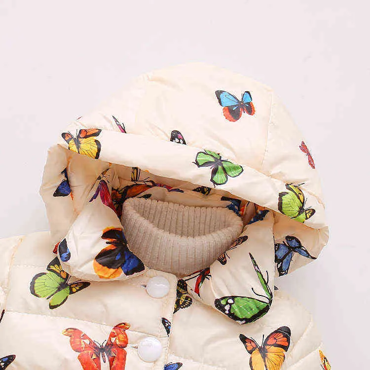 Children's Cotton Clothes Winter Thickening Girls Butterfly Print Hooded Jacket Fleece Lining Warm Kids Clothing Infant Coats J220718