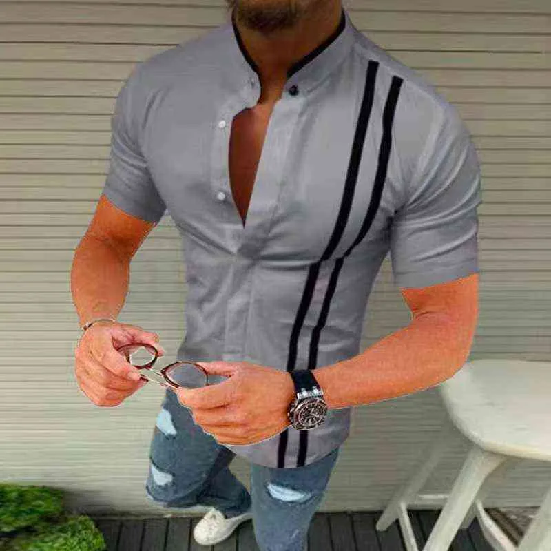 2022 Summer Menswear new casual inch shirt Fashion blue white black striped hip hop short sleeve street wear slim top G220511