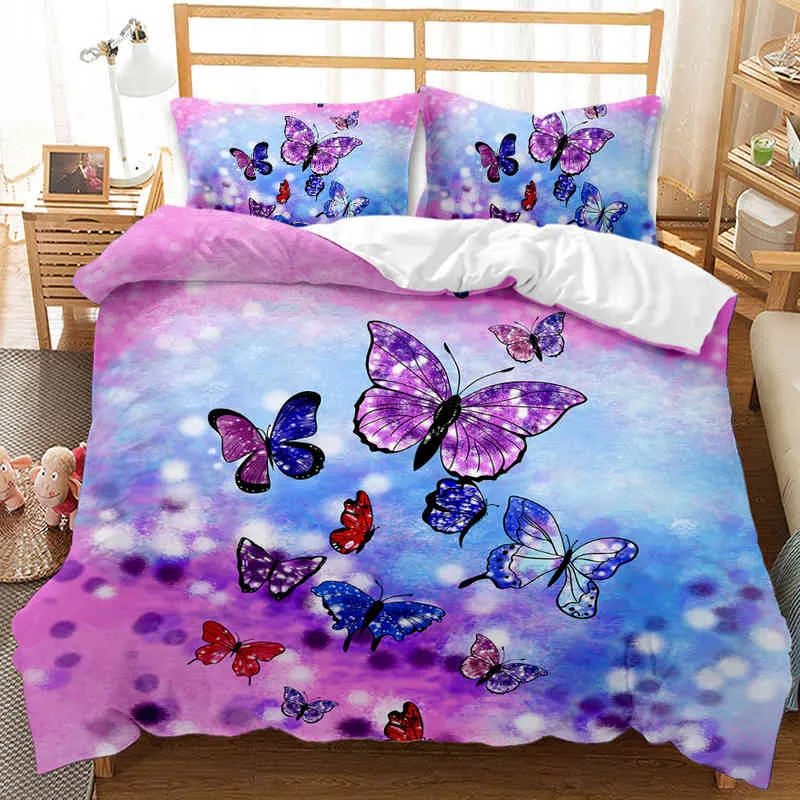 Blue Butterfly Duvet Cover Set Bedding Red Butterflies and Dragonfly Printed Design Boys Girls Queen