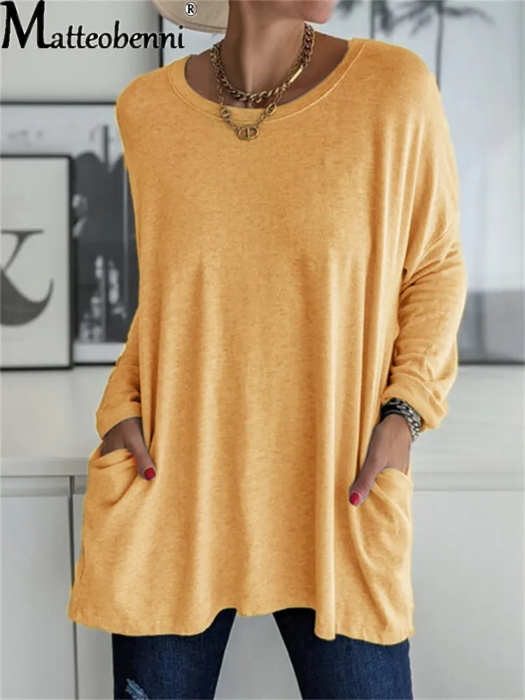 Women Autumn Fashion Tunic Top Pocket Solid Color Loose Round Neck Long-sleeved T-Shirt Streetwear Casual Vintage Pullovers 220525