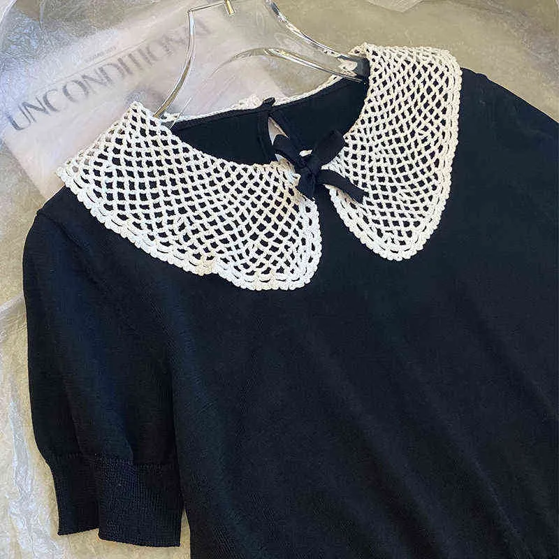 Pull noir à manches courtes évidé fleur crochet poupée col haut coupe ajustée chemise à fond fin printemps été