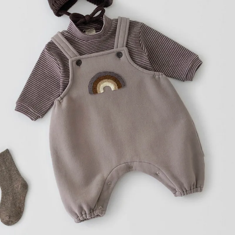 Koreansk stil vår baby flickor pojkar romper grå kaffe jumpsuit randiga långa ärmar t-shirt pullover barnkläder e2105 220509