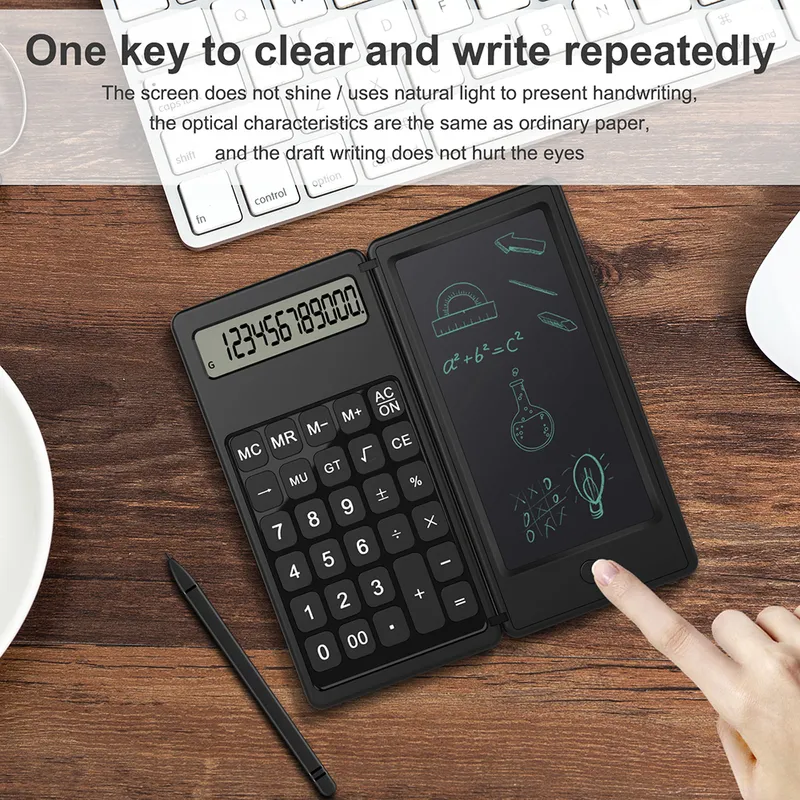 VAORLO Foldable Calculator & 6 Inch LCD Writing Tablet Digital Drawing Pad 12 Digits Display with Stylus Pen Erase Button Lock 220510