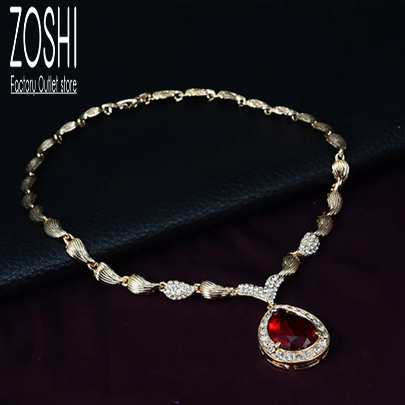 Ensemble de bijoux pour femmes fête de mariage goutte d'eau rouge CZ cristal collier boucles d'oreilles Bracelet anneau indien plaqué or 220812