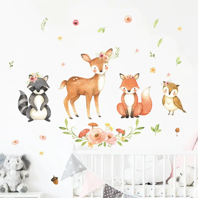 Cartoon dieren muurstickers kinderkamers fawn wasbeer sticker papier voor babydecoratie 220727