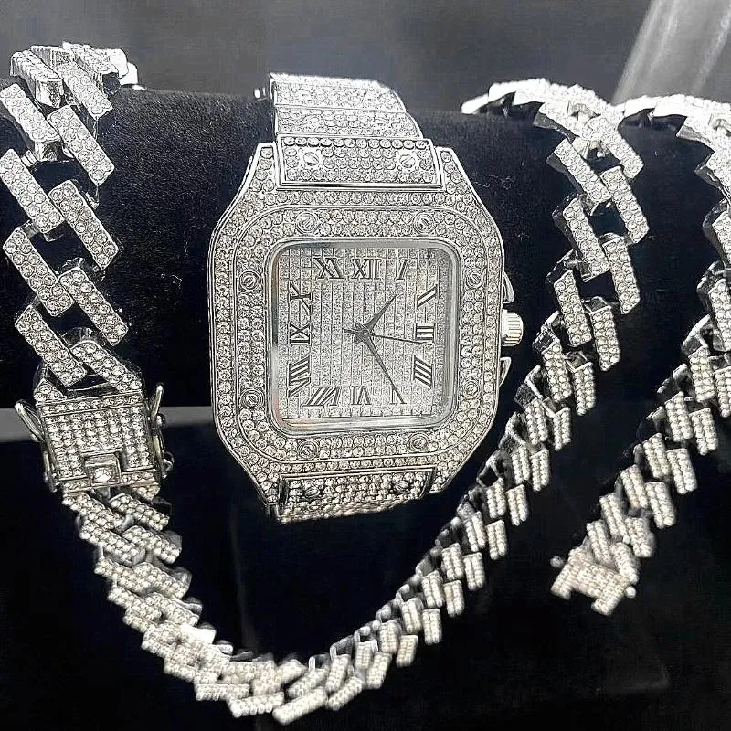 Наручные часы 3 шт. Iced Out часы для мужчин золотые часы кварцевые 15 мм кубинские звенья цепи браслет ожерелья ювелирные изделия с бриллиантами мужские Reloj2728