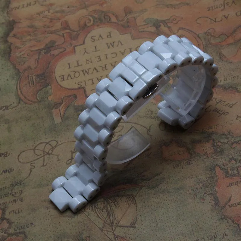 Ремешки для часов Выпуклый ремешок для часов Керамический белый ремешок для J12 Двойной календарь Мужской женский браслет 19 мм Специальные твердые звенья Складной Buc302S