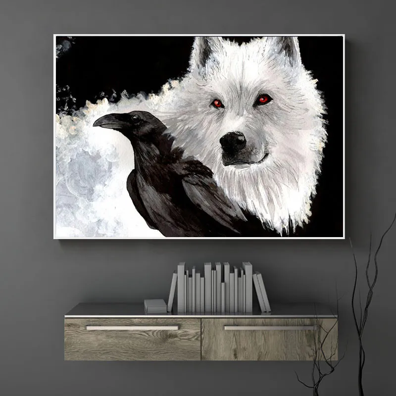 Toile de peinture avec corbeau noir et loup blanc, affiches d'art murales et imprimés d'animaux, images pour décoration de la maison