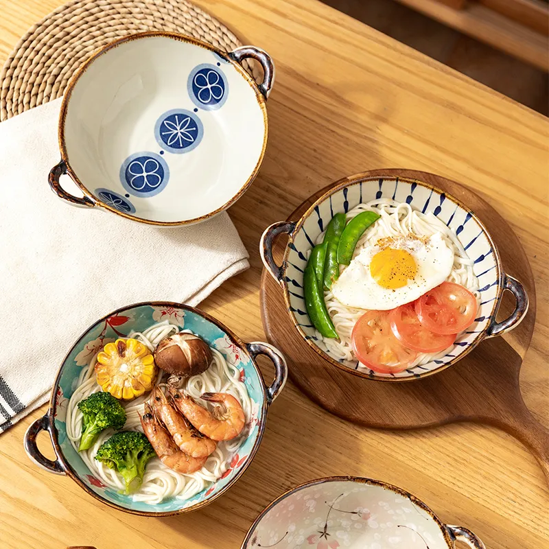 7.5 tum Japansk hushåll Dle Bowl Keramisk soppa Skål med handtag Sallad Pasta Skål Kök Porslin Mikrovågsugn Bakware 220418