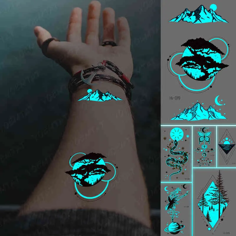 NXY tatuaggio temporaneo blu bagliore luminoso adesivo montagna luna tatuaggio impermeabile natura foresta mare tatuaggio finto body art donna uomo 0330