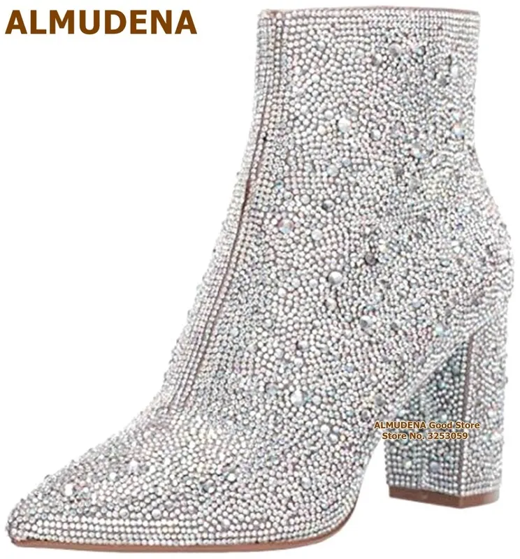 ALMUDENA Bling Stivaletto in cristallo argento Sparkly y Stivaletti con tacco corto Scarpe da sposa scintillanti 220810