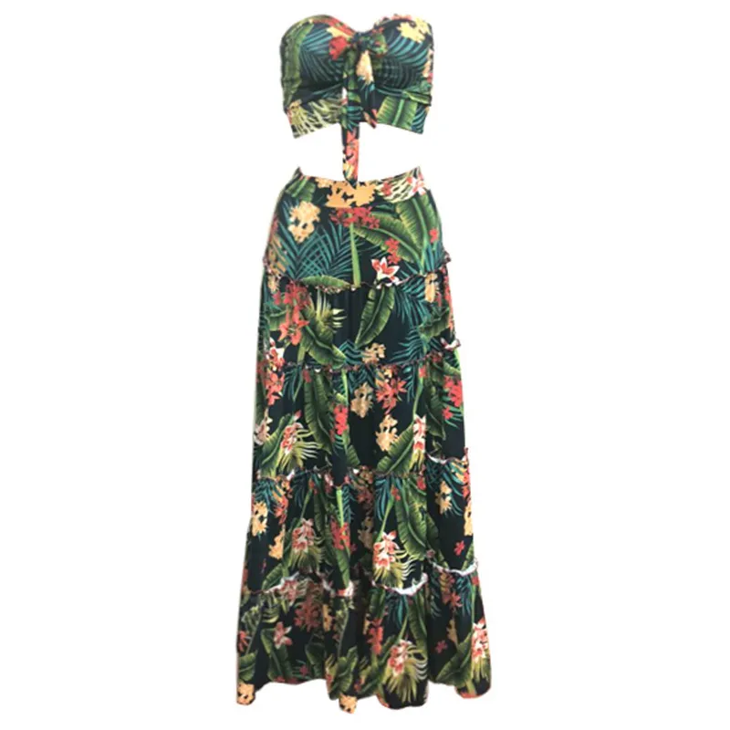 Sexy Women Boho Two Piece Set Crop Top Long Skirt Floral Printed Bandeau Strapless Bandage Ruffles High Waist Skirts Holiday 220509