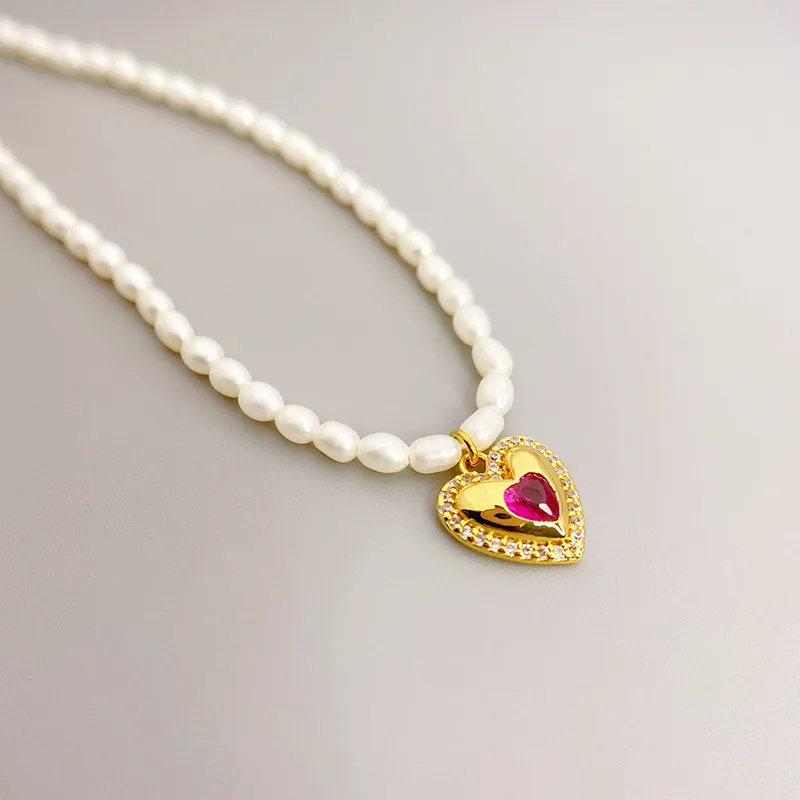 Heart Charm Pendant Necklace Little Pearls Chain Seed Beads Necklaces231r