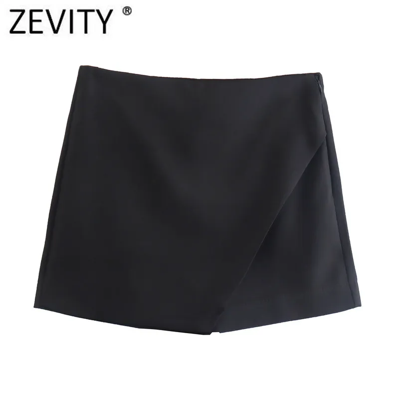 Zevity 여성 패션 패션 캔디 색상 비대칭 반바지 스커트 레이디 지퍼 플라이 포켓 세련