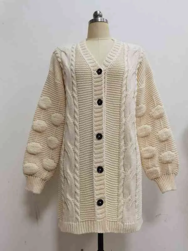 Pop board bubble Lantern Sleeve temperament commuter knitted cardigan sweater women's middle and long