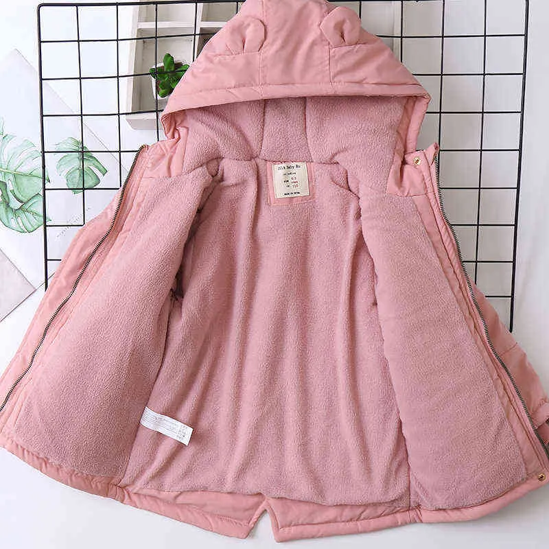 2021 New Keep Warm Plus Velvet Winter Girls Jacket Giacca da esterno con cappuccio spessa stile lungo bambina Capispalla pesante carino J220718