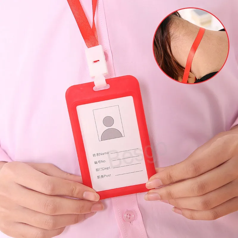 Färgglada Sided ID -kortinnehavare Affärskortfiler Holder Transparent Plastic Student Employing Cards Cover With Lanyard BH7010 TYJ