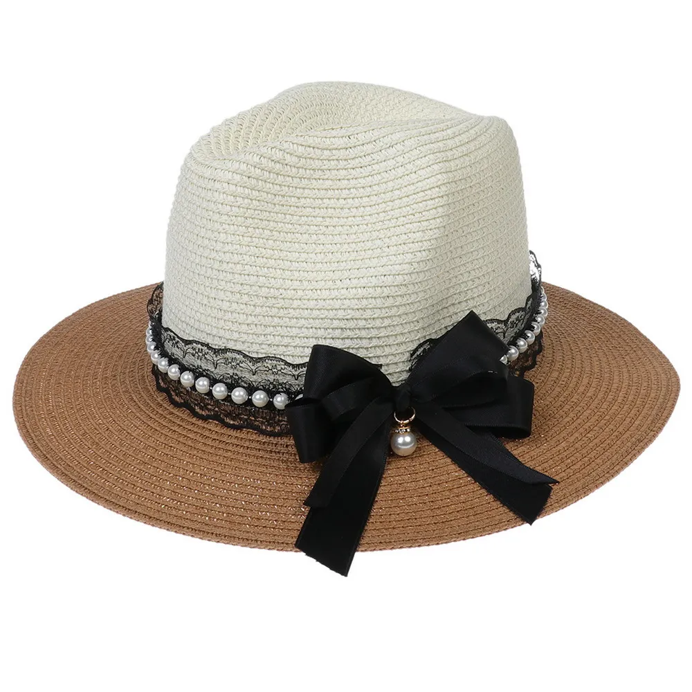 Chapeaux de soleil bicolores pour femmes Chapeau de plage d'été avec nœud en dentelle noire pour femmes Chapeau de paille de voyage pliable