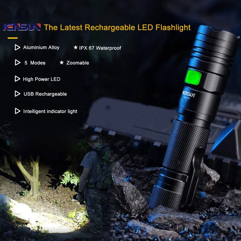 Krachtige LED Mini Zaklamp Waterdicht 5 Modi Zoomable Bright Torch USB Handlantaarn XM L2 WICK Torchlight Oplaadbare 220420