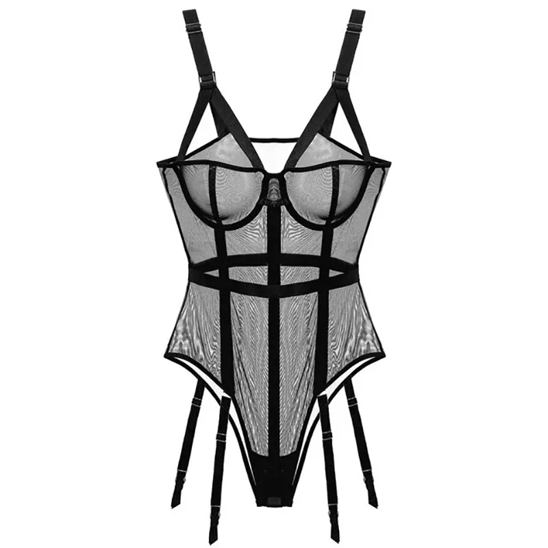 YBFDO Sexy Lace Mesh Jumpsuit Suspenders Plastic Body Suit Strap Bodysuit Women Garter Temptation Streetwear 220702