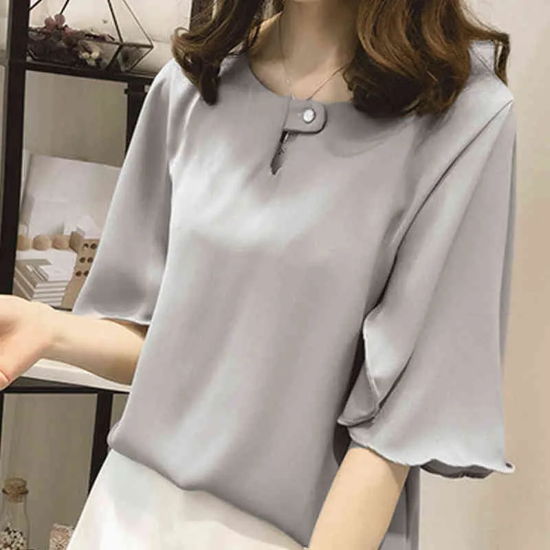 Femmes en mousseline de soie Blouse chemise à manches courtes couleur unie décontracté grande taille travail bureau Blouse O cou élégant coréen volants haut L220705