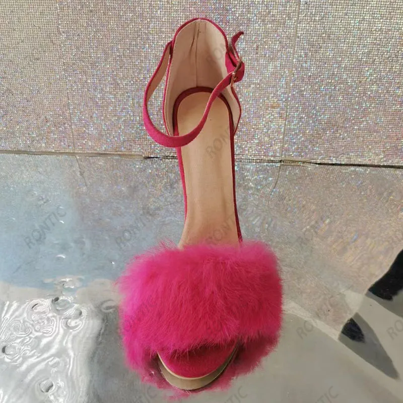 Olomm 2023Women Summer Ankle Strap Sandals Faux Fur Stiletto Heels Open Toe Beautiful Fuchsia Dress Shoes Women US Plus Size 5-20