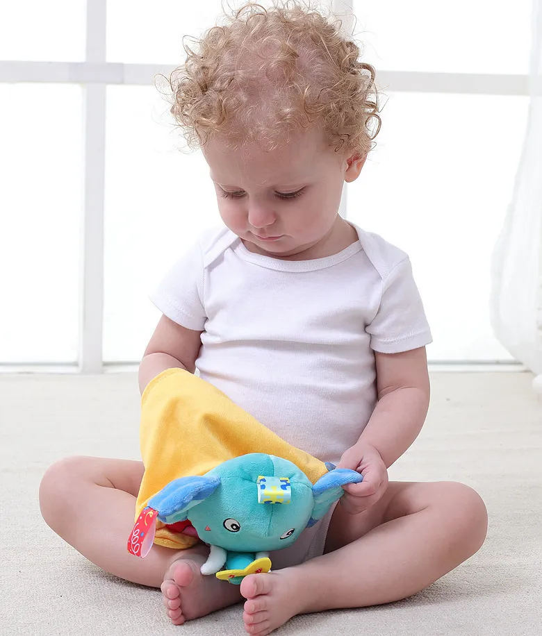 Infantil acalma a aversão toalha para crianças brinquedos de mão fonetes de mão de mão suave aniversário de aniversário de bebê