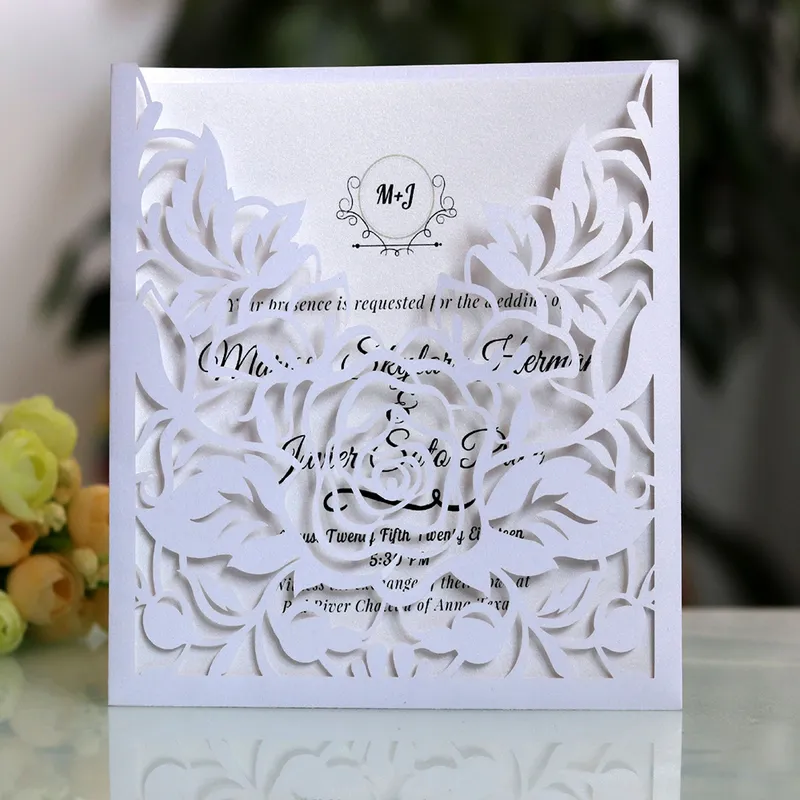 1 pièces élégant dentelle poche Invitations de mariage carte carré découpé au Laser Rose fleur personnaliser voeux événement fête fournitures 220711
