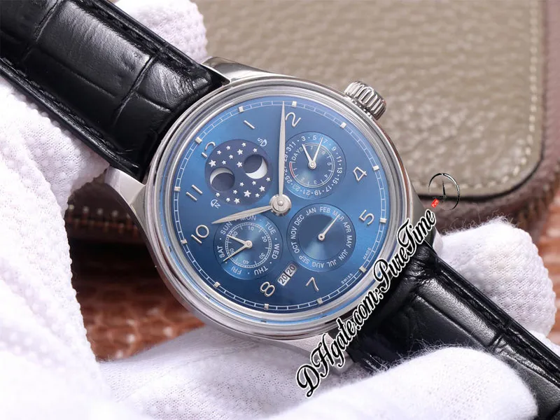 V9F 503312 Kalendarz wieczny A52610 Automatyczna męska zegarek stalowy niebieski tarcza srebrne markery księżyca rezerwę Rezerwę Czarną skórę ST300Y