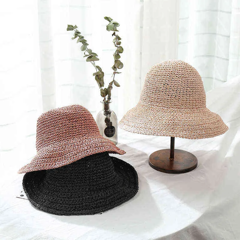 Femmes Chapeau de paille 2022 Été Tricot Weave Cap Beach Style Sweet Sun Chapeaux Style coréen Échantillon élégant avec nœud large chapeau G220301